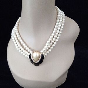 Triple Strand Pearl Necklace with Black Enamel and Crystal Accent